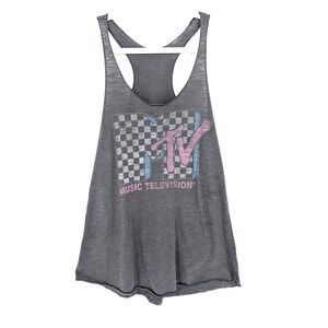 MTV‎ Music Television Racerback Tank Top Gray Checkerboard Logo Graphic Women S